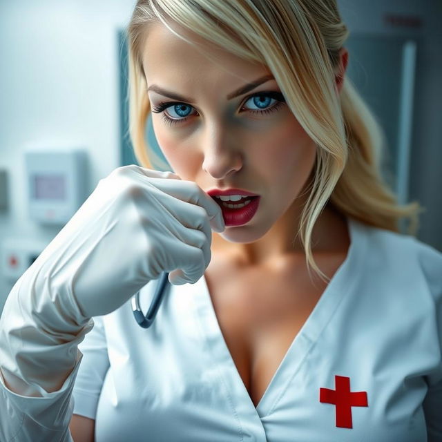 Extreme close-up of a blonde nurse in a white uniform with a red cross, showcasing her large chest and cleavage