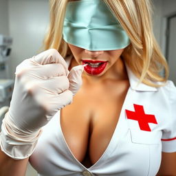 Extreme close-up of a blonde nurse in a white uniform with a red cross, showcasing her large chest and cleavage