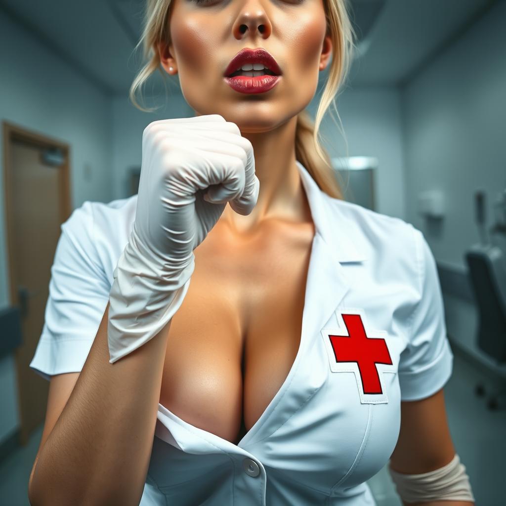 A stunning nurse with blonde hair, in a white uniform featuring a red cross, is in a hospital room