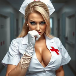 A stunning nurse with blonde hair, in a white uniform featuring a red cross, is in a hospital room