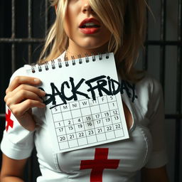 extreme close-up of a stunning nurse, blond ponytail, wearing a white dress with a red cross symbol, featuring a large chest and noticeable cleavage