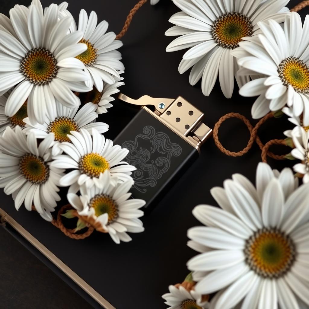 A realistic lighter with intricate details placed centrally on the book cover, surrounded by a flourishing arrangement of daisy flowers with twisted, veiny blooms