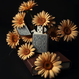 A realistic lighter with intricate details placed centrally on the book cover, surrounded by a flourishing arrangement of daisy flowers with twisted, veiny blooms