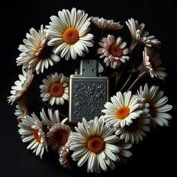 A realistic lighter with intricate details placed centrally on the book cover, surrounded by a flourishing arrangement of daisy flowers with twisted, veiny blooms