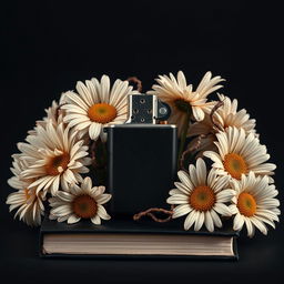 A realistic lighter with intricate details placed centrally on the book cover, surrounded by a flourishing arrangement of daisy flowers with twisted, veiny blooms