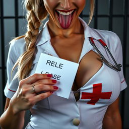 Extreme close-up on the chest and torso of a gorgeous nurse with a blonde ponytail