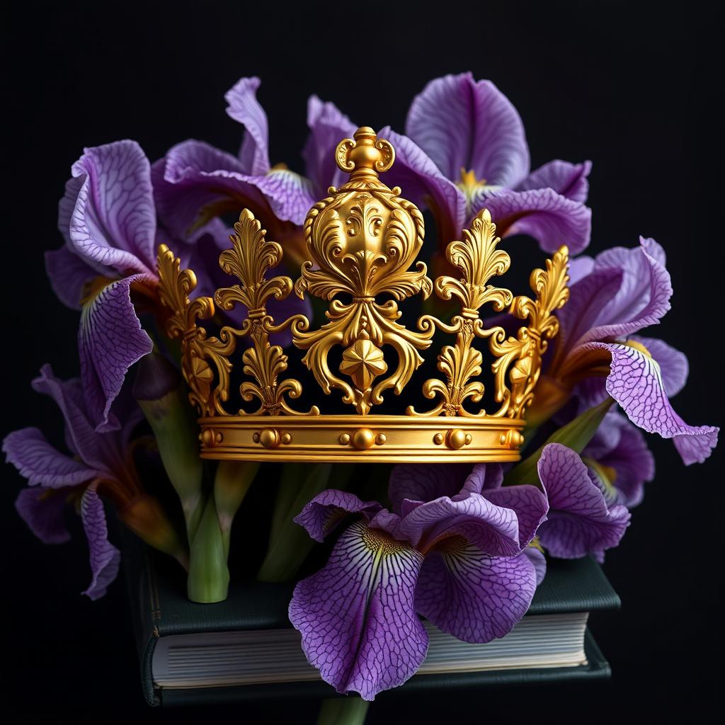 A realistic golden crown with intricate details placed centrally on the book cover, surrounded by a flourishing arrangement of iris flowers with twisted, veiny blooms