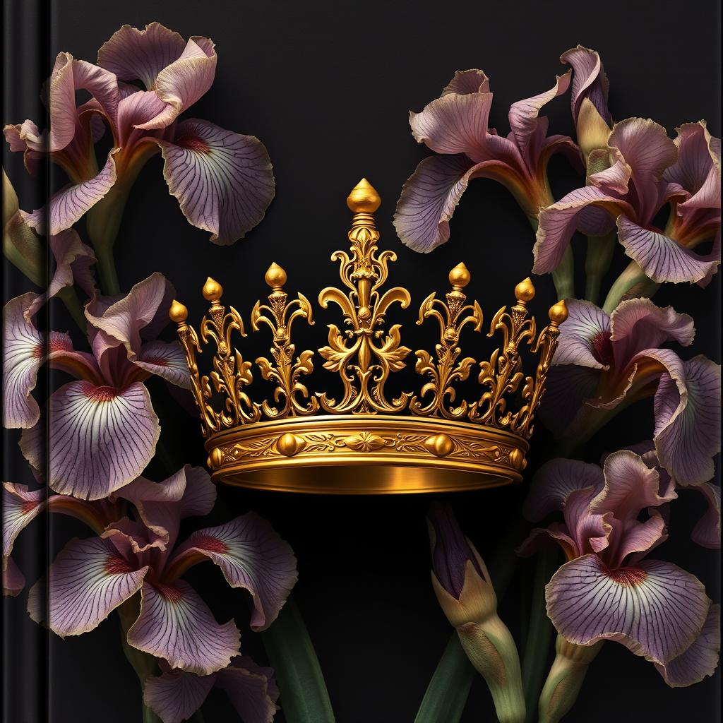 A realistic golden crown with intricate details placed centrally on the book cover, surrounded by a flourishing arrangement of iris flowers with twisted, veiny blooms