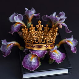 A realistic golden crown with intricate details placed centrally on the book cover, surrounded by a flourishing arrangement of iris flowers with twisted, veiny blooms