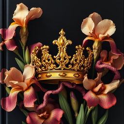 A realistic golden crown with intricate details placed centrally on the book cover, surrounded by a flourishing arrangement of iris flowers with twisted, veiny blooms