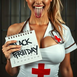 Extreme close-up shot focusing on the torso and chest of a gorgeous nurse with a blond ponytail