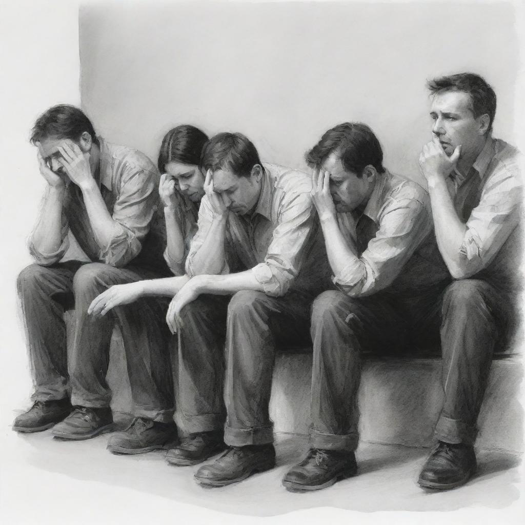 Illustrate a scene involving a group of laid-off workers depicted with gestures of distress and sadness, encapsulating the atmosphere of melancholy, in a respectful and empathetic manner.