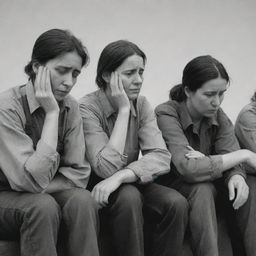 Illustrate a scene involving a group of laid-off workers depicted with gestures of distress and sadness, encapsulating the atmosphere of melancholy, in a respectful and empathetic manner.