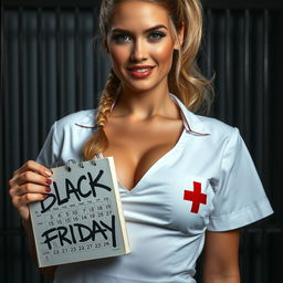 An extreme close-up shot of a gorgeous nurse with a blonde ponytail wearing a white dress featuring a red cross emblem