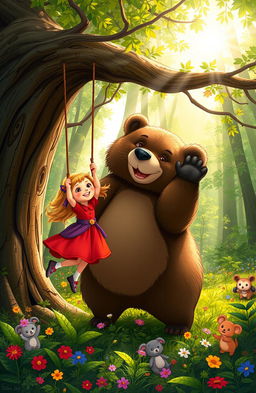 A playful scene depicting a young girl and a large friendly bear in a lush forest