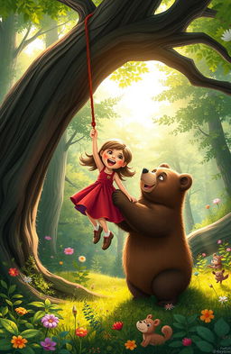 A playful scene depicting a young girl and a large friendly bear in a lush forest