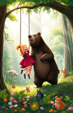 A playful scene depicting a young girl and a large friendly bear in a lush forest