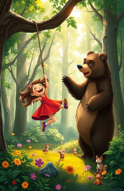 A playful scene depicting a young girl and a large friendly bear in a lush forest