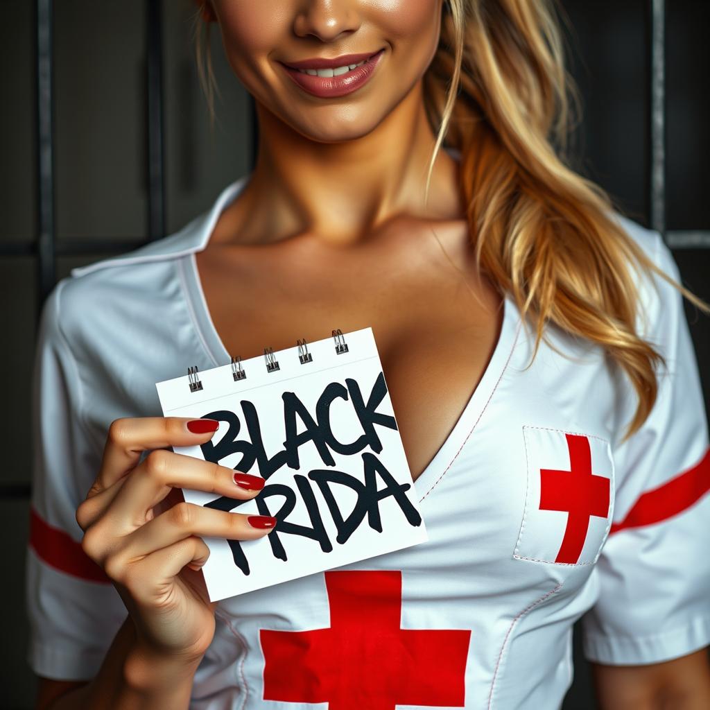 An extreme close-up shot focusing on the torso of a gorgeous nurse with a blond ponytail