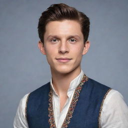 Create an image of actor Tom Holland depicted with traditional Filipino characteristics and clothing, while still maintaining his recognisable features.