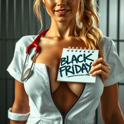 A gorgeous nurse with a blond ponytail in an unzipped white dress featuring a red cross, displaying a large chest with prominent cleavage