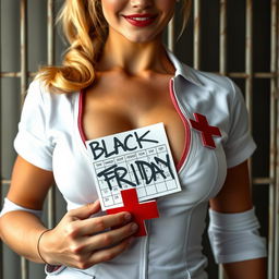 A gorgeous nurse with a blond ponytail in an unzipped white dress featuring a red cross, displaying a large chest with prominent cleavage