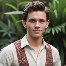 Create an image of actor Tom Holland depicted with traditional Filipino characteristics and clothing, while still maintaining his recognisable features.