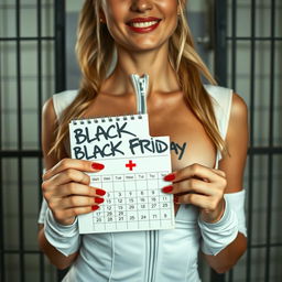 Extreme close-up shot of a gorgeous nurse with a blonde ponytail, wearing an unzipped white dress featuring a red cross symbol