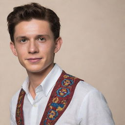 Create an image of actor Tom Holland depicted with traditional Filipino characteristics and clothing, while still maintaining his recognisable features.