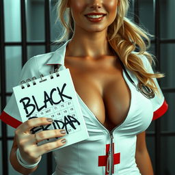 A stunning nurse with a blonde ponytail is featured in an extreme close-up shot focusing on her chest and torso