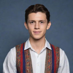 Create an image of actor Tom Holland depicted with traditional Filipino characteristics and clothing, while still maintaining his recognisable features.