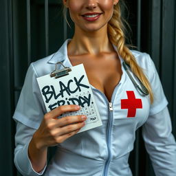 an extreme close-up of a nurse's torso, showcasing a large chest and cleavage, blond ponytail, wearing an unzipped white dress embroidered with a red cross