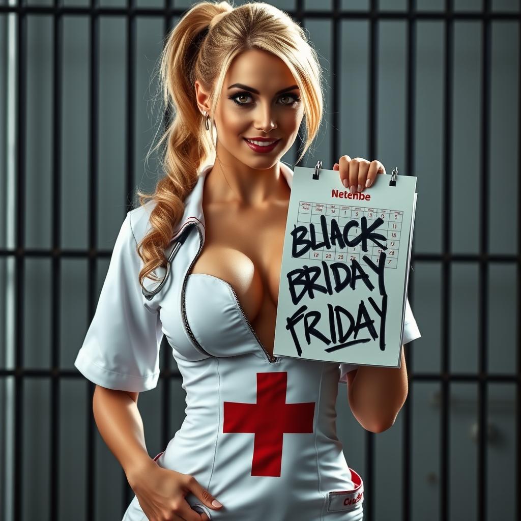 A gorgeous nurse with a blond ponytail wearing an unzipped white dress featuring a red cross, showcasing a large chest and cleavage