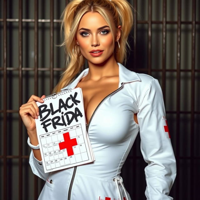 A gorgeous nurse with a blond ponytail wearing an unzipped white dress featuring a red cross, showcasing a large chest and cleavage