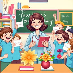 An inspiring and heartwarming illustration celebrating Teacher's Day, featuring a passionate teacher surrounded by enthusiastic and grateful students