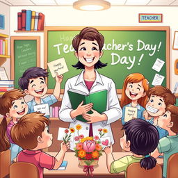 An inspiring and heartwarming illustration celebrating Teacher's Day, featuring a passionate teacher surrounded by enthusiastic and grateful students