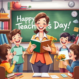 An inspiring and heartwarming illustration celebrating Teacher's Day, featuring a passionate teacher surrounded by enthusiastic and grateful students