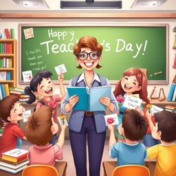 An inspiring and heartwarming illustration celebrating Teacher's Day, featuring a passionate teacher surrounded by enthusiastic and grateful students