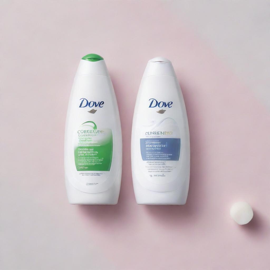 An eye-catching flyer promoting Dove shampoo, highlighting the key beneficial chemicals used in its composition. The layout contains the Dove logo, vivid text, and displays a glossy bottle of Dove shampoo.