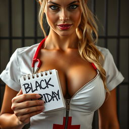 Extreme close-up shot of a gorgeous blonde nurse with a ponytail, wearing an unzipped white dress featuring a red cross, revealing a large chest and a teasing cleavage