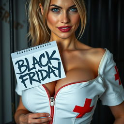 Extreme close-up shot of a gorgeous blonde nurse with a ponytail, wearing an unzipped white dress featuring a red cross, revealing a large chest and a teasing cleavage