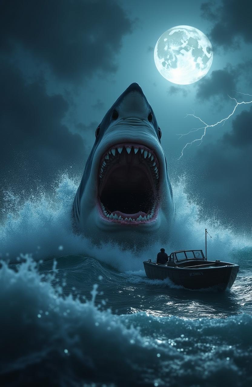 A terrifying great white shark emerging from the ocean depths, its massive jaws wide open displaying razor-sharp teeth, water splashing around it violently