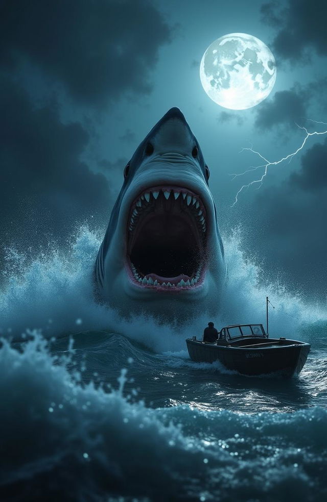 A terrifying great white shark emerging from the ocean depths, its massive jaws wide open displaying razor-sharp teeth, water splashing around it violently