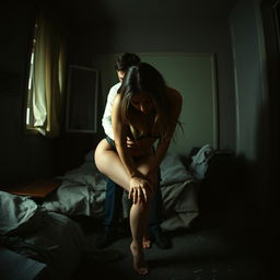 A sexy woman bending over in a suggestive pose with a man positioned behind her in a dimly lit, disheveled room that resembles a shabby or messy bedroom