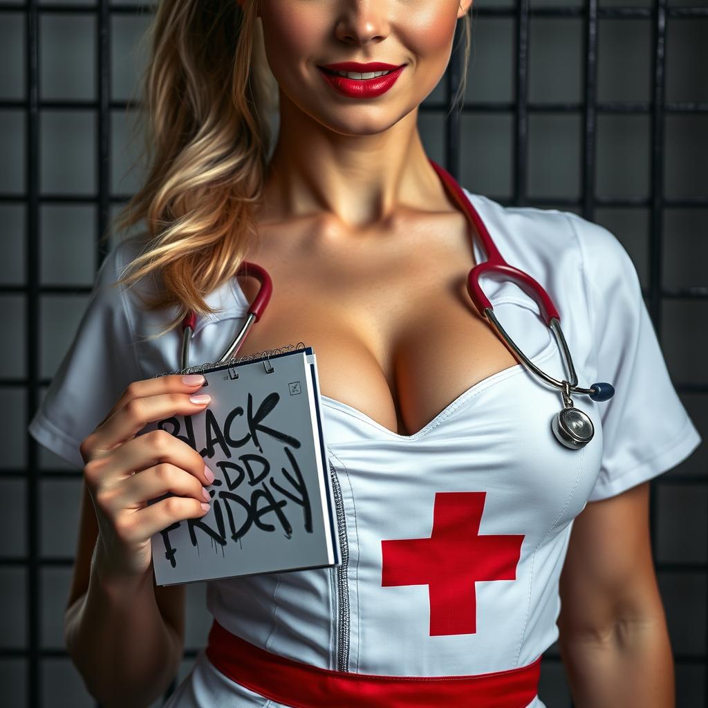 A stunning and confident nurse with a blonde ponytail and a smug smile, captured in an extreme close-up shot of her torso and chest