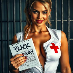 A stunning and confident nurse with a blonde ponytail and a smug smile, captured in an extreme close-up shot of her torso and chest