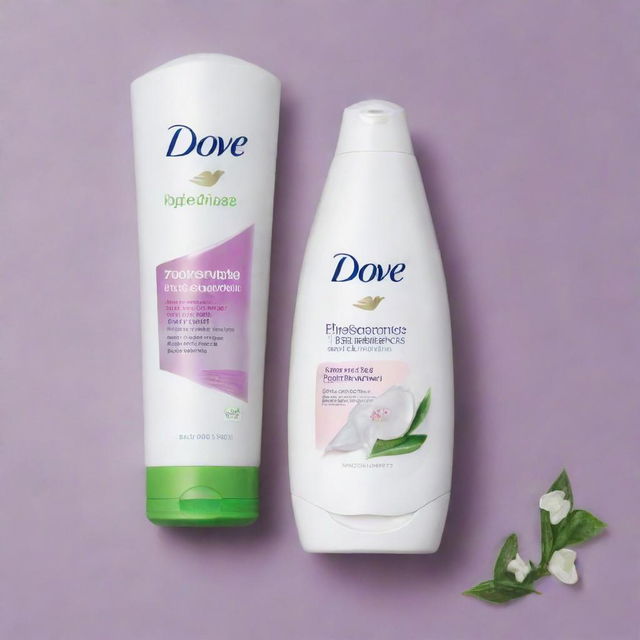 An eye-catching flyer promoting Dove shampoo, highlighting the key beneficial chemicals used in its composition. The layout contains the Dove logo, vivid text, and displays a glossy bottle of Dove shampoo.