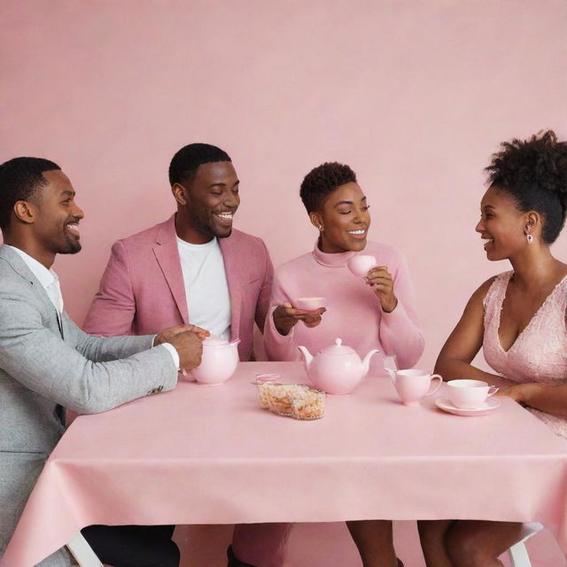 A white man, a black man, and two women enjoying tea at a table with everything in pink hues