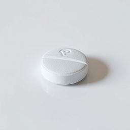 Close-up view of a single drug tablet on a glossy white surface