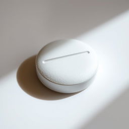 Close-up view of a single drug tablet on a glossy white surface